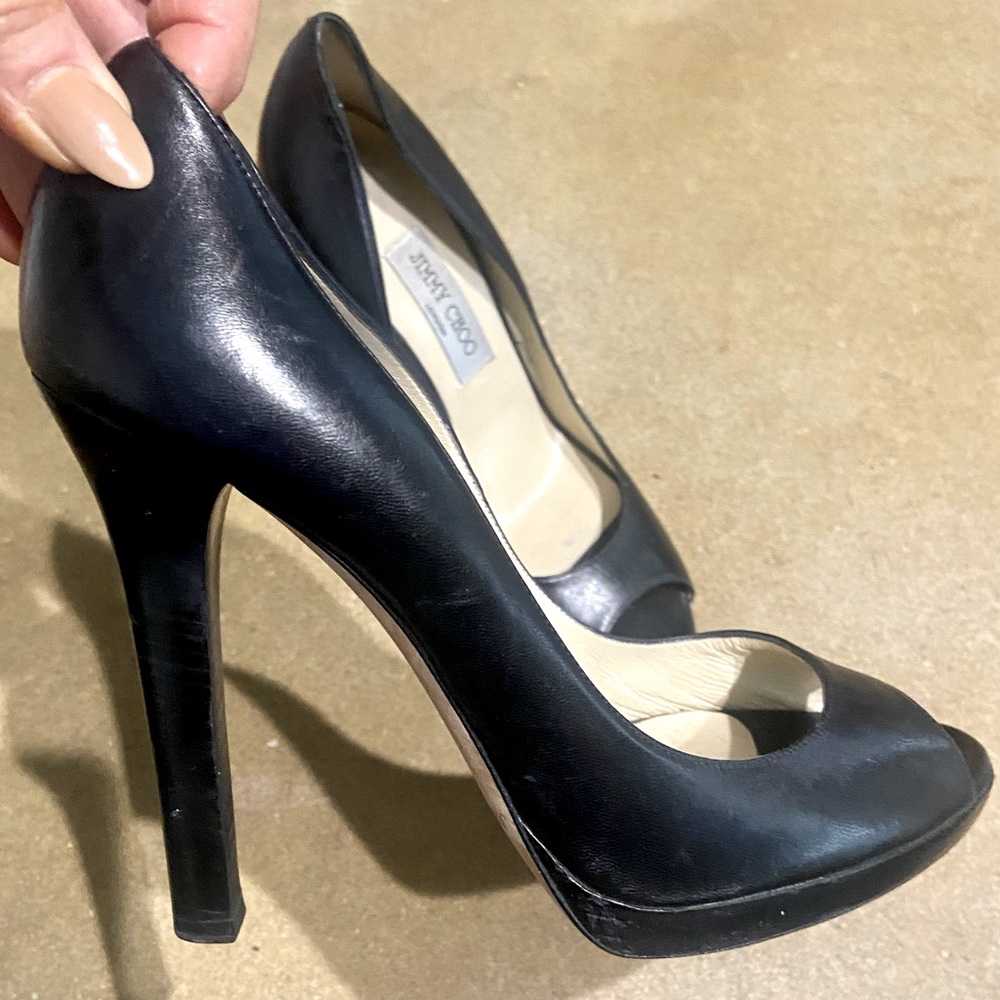 JIMMY CHOO Black Kid Leather Peep Toe